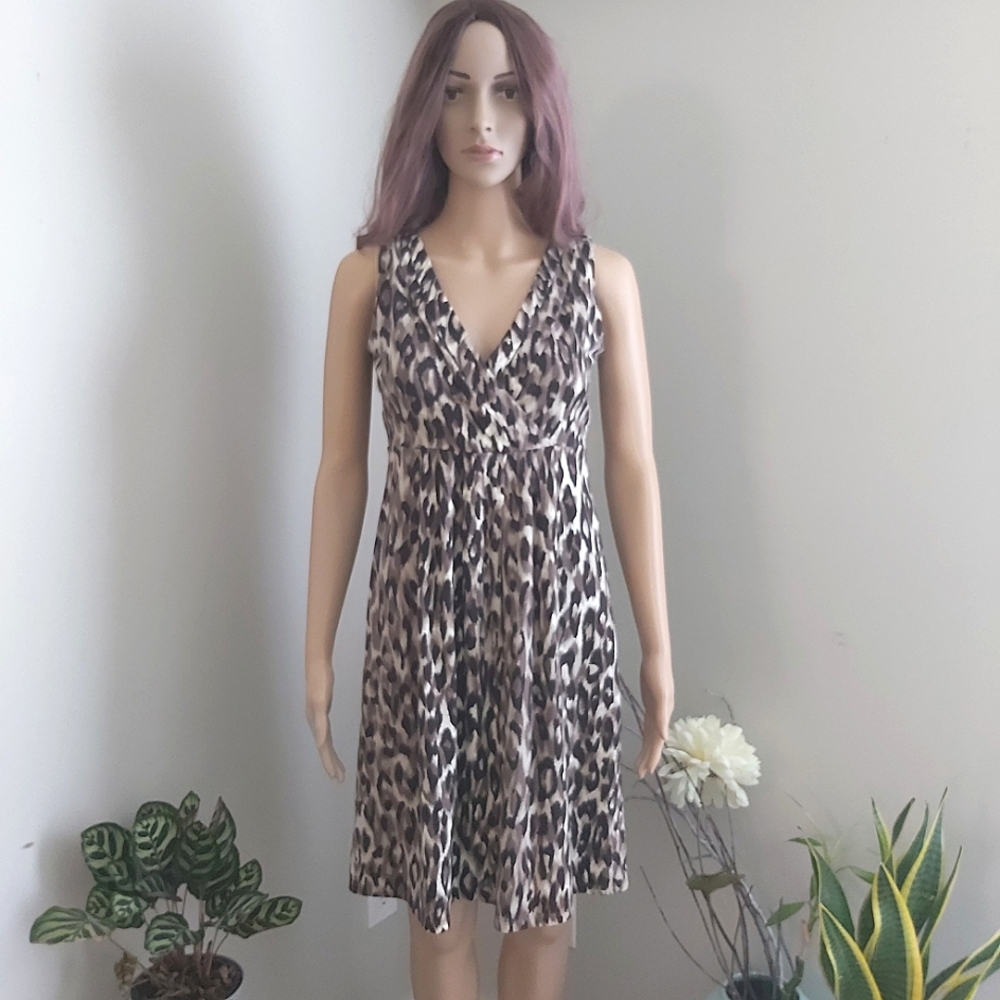 Ann Taylor leopard animal print midi dress sleeveless splice neck y2k